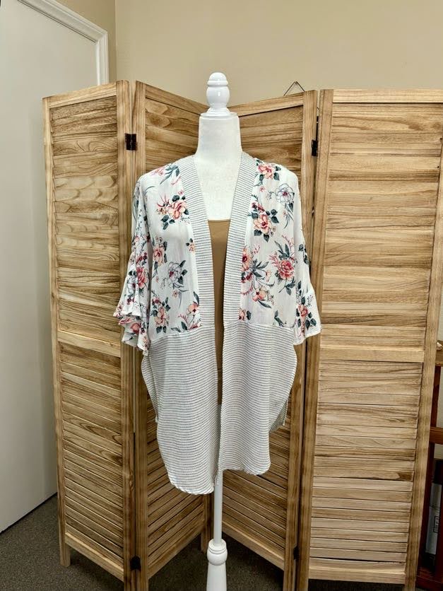 Floral & Stripe Kimono w/Ruffle Sleeve