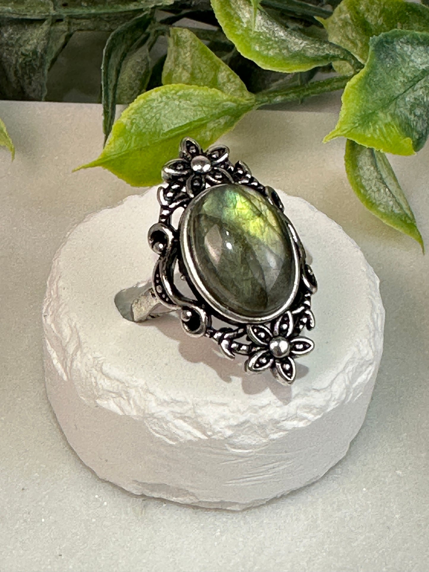 Labradorite Floral Ring-Antique Finish Adjustable