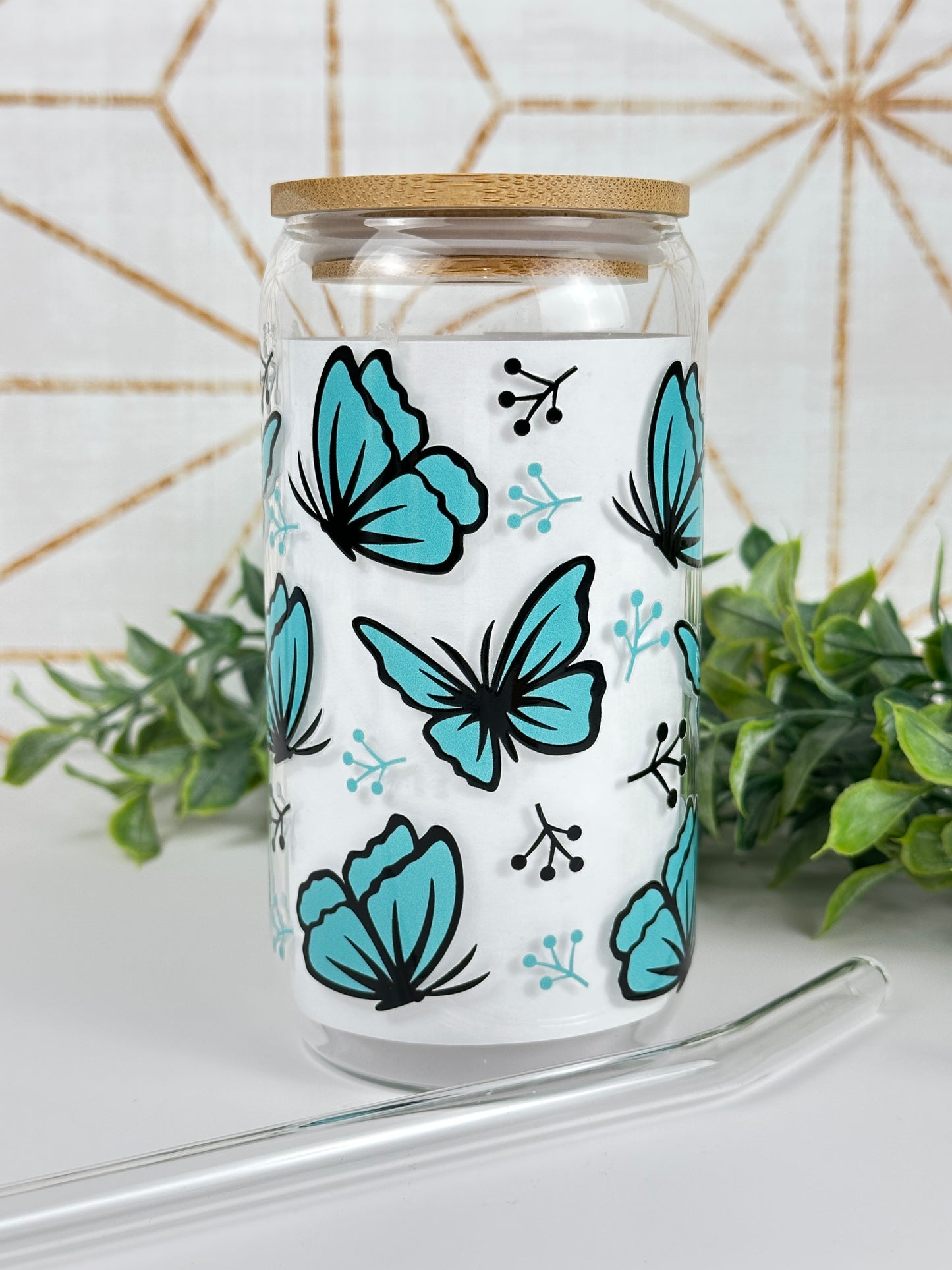 Teal Butterfly 16oz. Clear Glass Tumbler
