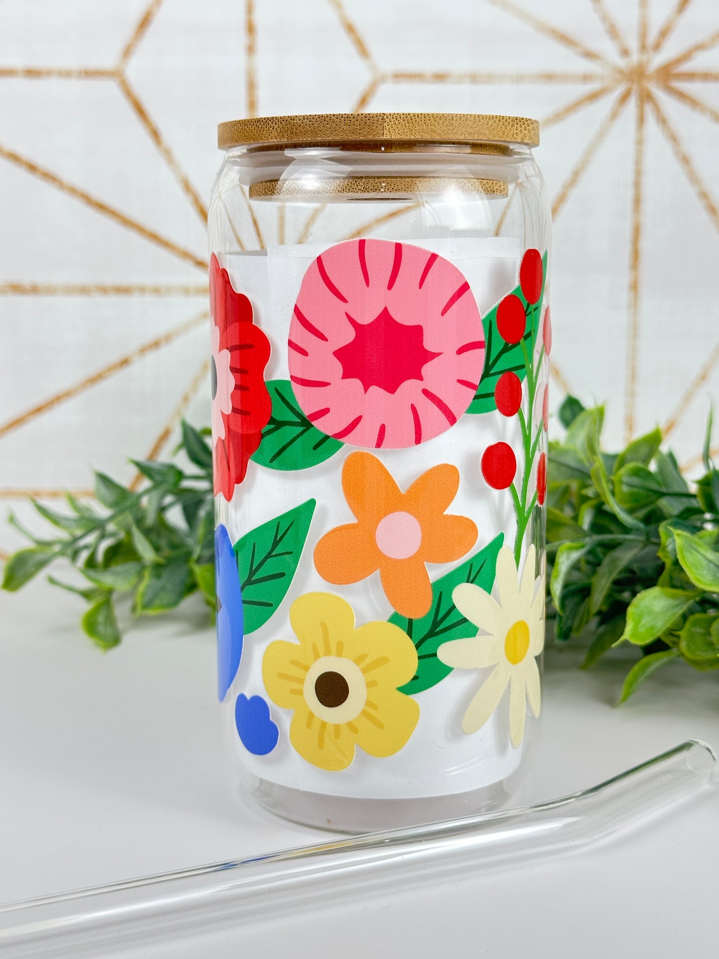 Colorful Flowers 16oz. Clear Glass Tumbler