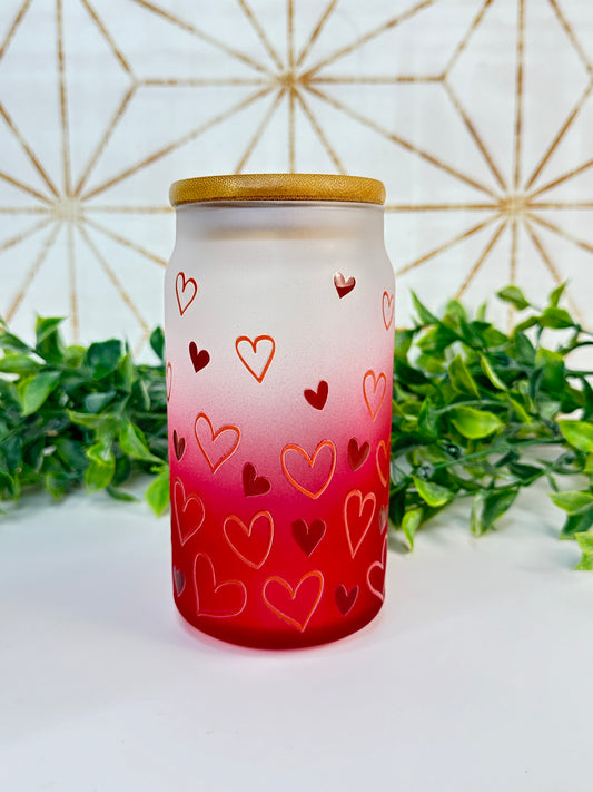 Hearts on Ombre Red 16oz Frosted Glass Tumbler