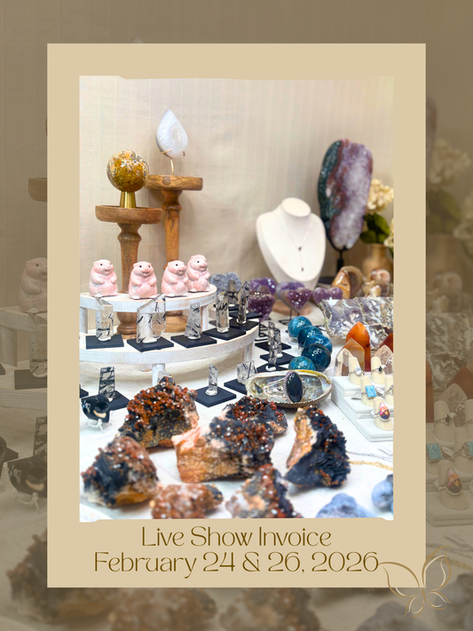 live show invoice cover photo for february 24 and february 26. table full of crystal goodies used to represent the dates of the show for invoicing purposes