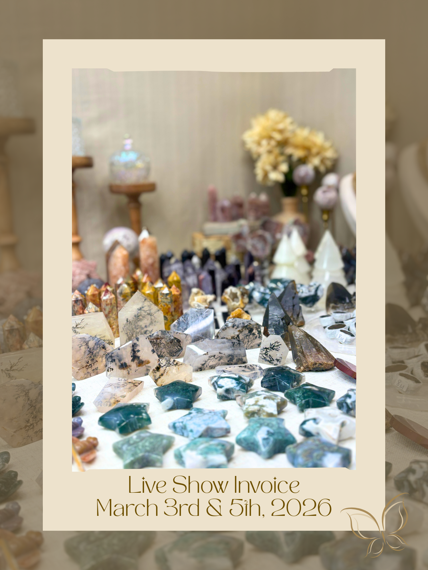 Live Show Invoice cover with crystals on a crystal live show table for March 3rd and 5th, 2026