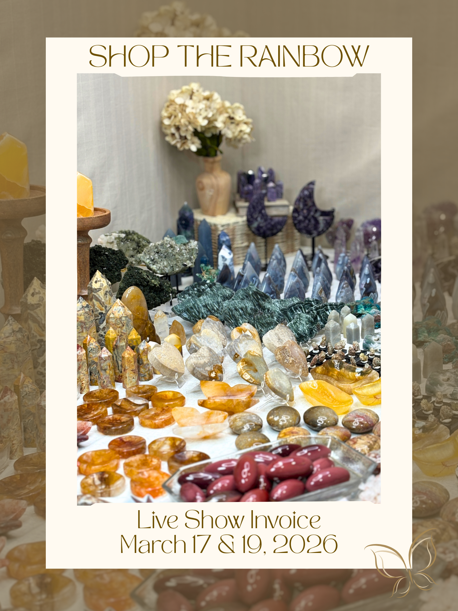Shop the Rainbow Invoice cover photo with a table display of crystals