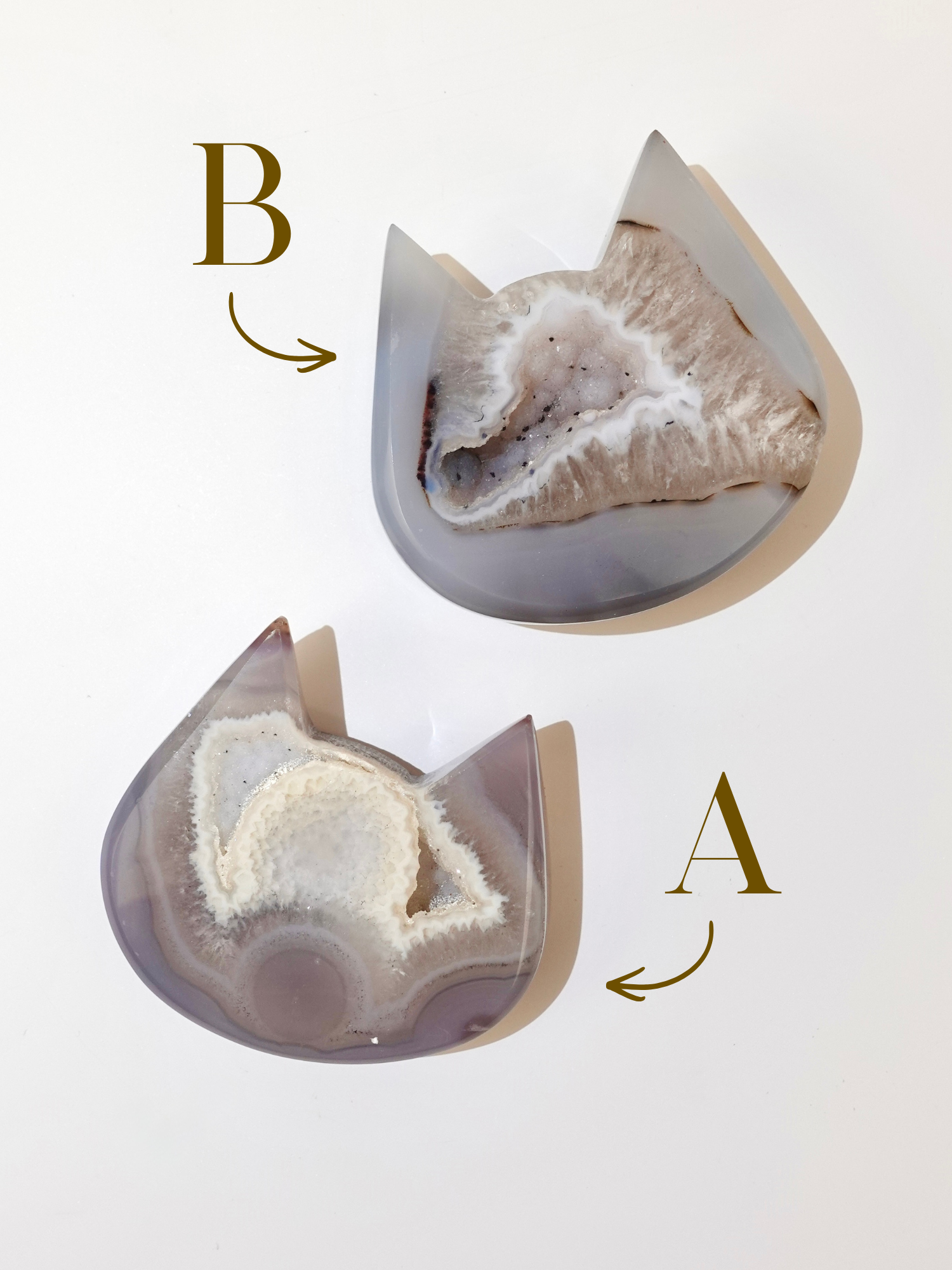 Druzy Agate Cat Heads labeled A and B on a white background