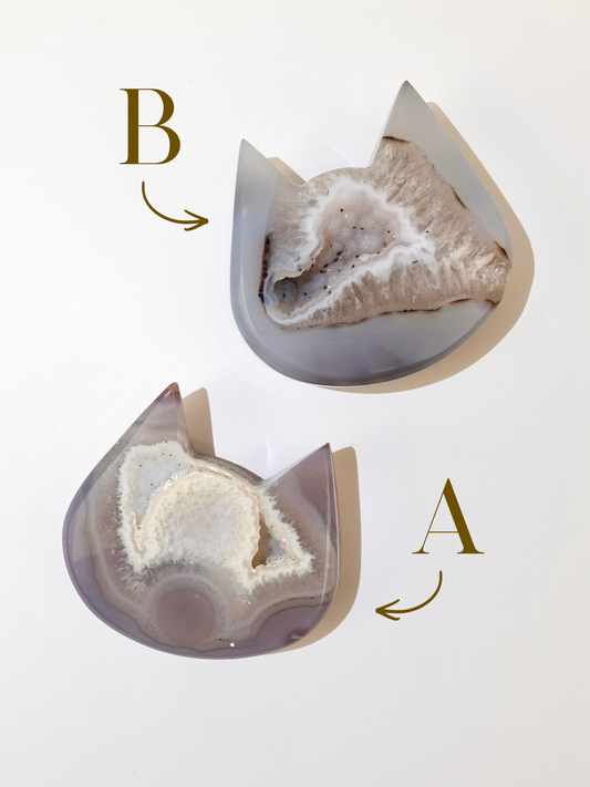 Druzy Agate Cat Heads labeled A and B on a white background