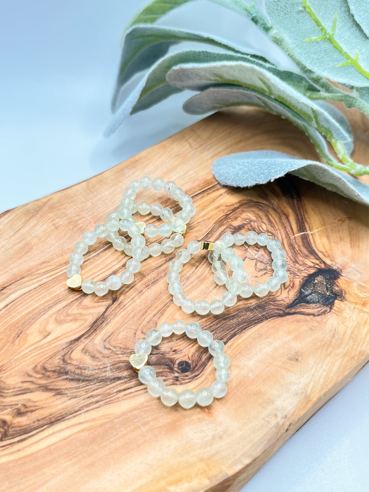 Prehnite - Crystal Round Beaded Ring w/ Gold Heart Bead