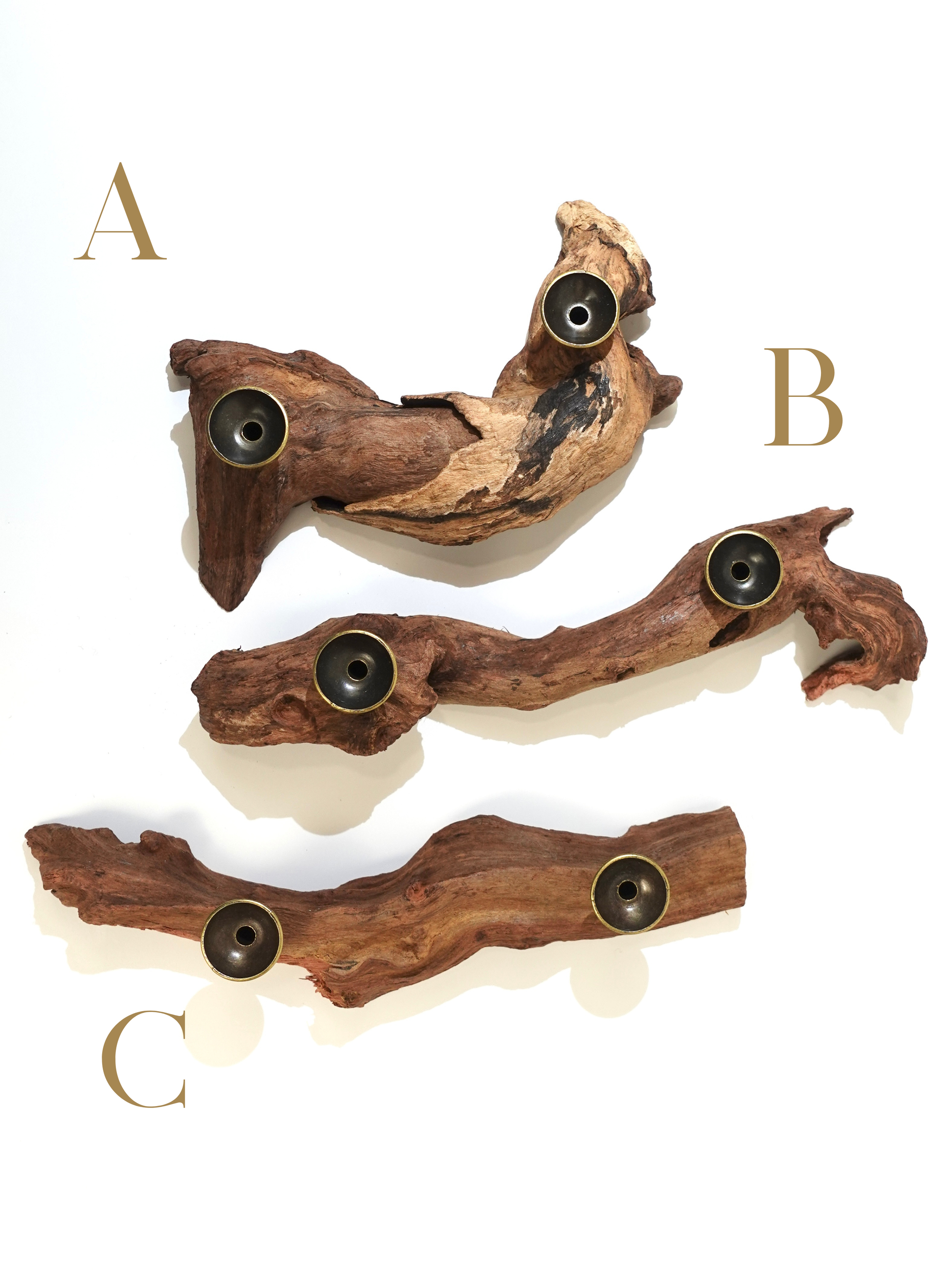 Labeled Driftwood with embedded metal holders on a white background