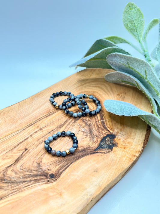 Snowflake Obsidian - Round Beaded Stretchy Ring