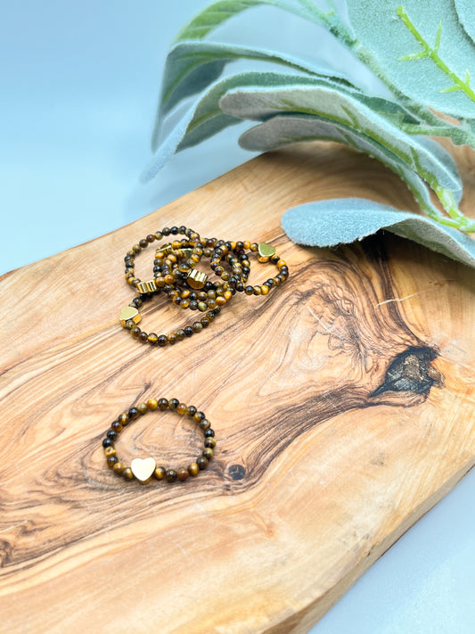 Tiger Eye - Crystal Round Beaded Ring w/ Gold Heart Bead