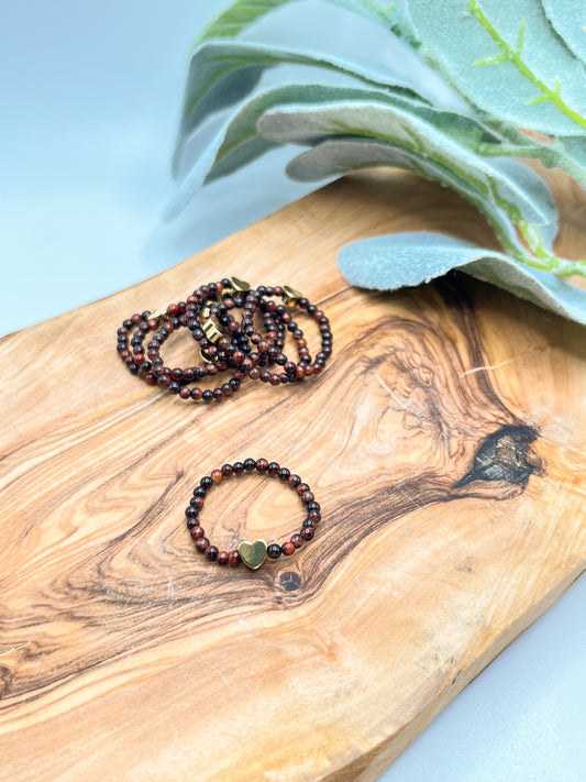 Red Tiger Eye - Crystal Round Beaded Ring w/ Gold Heart Bead