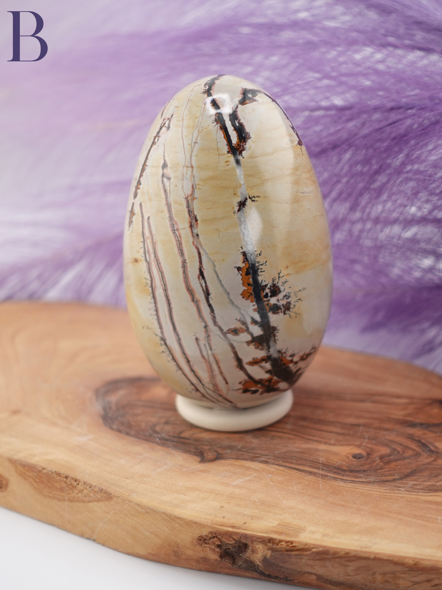 Picture jasper egg option B on wooden display stand