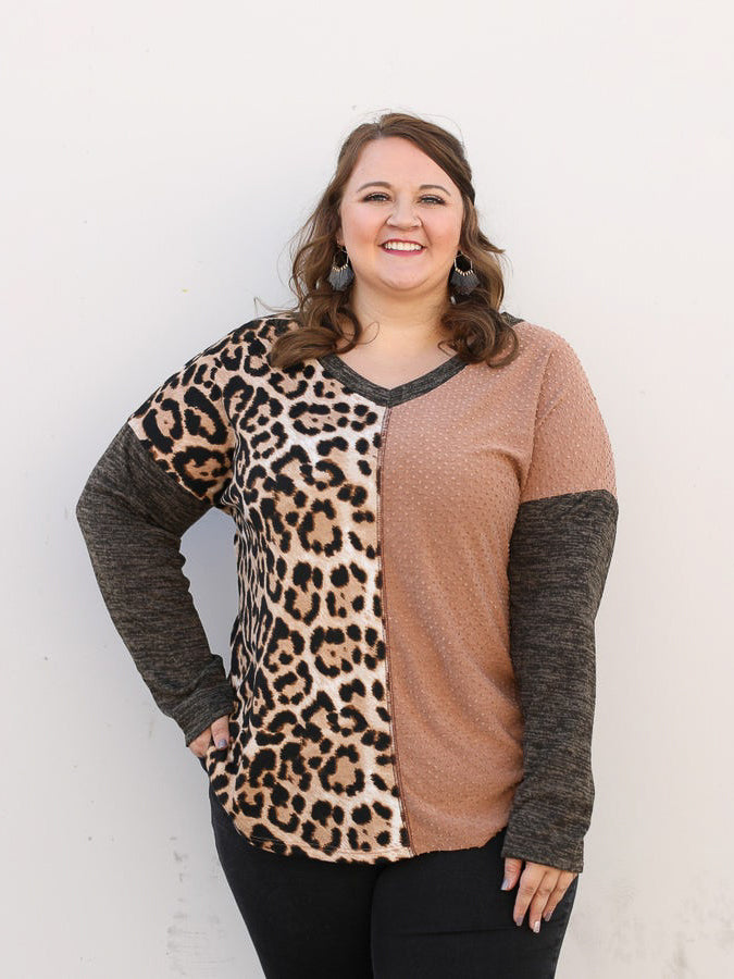 Leopard & brown colorblock top with grey textured long sleeves.