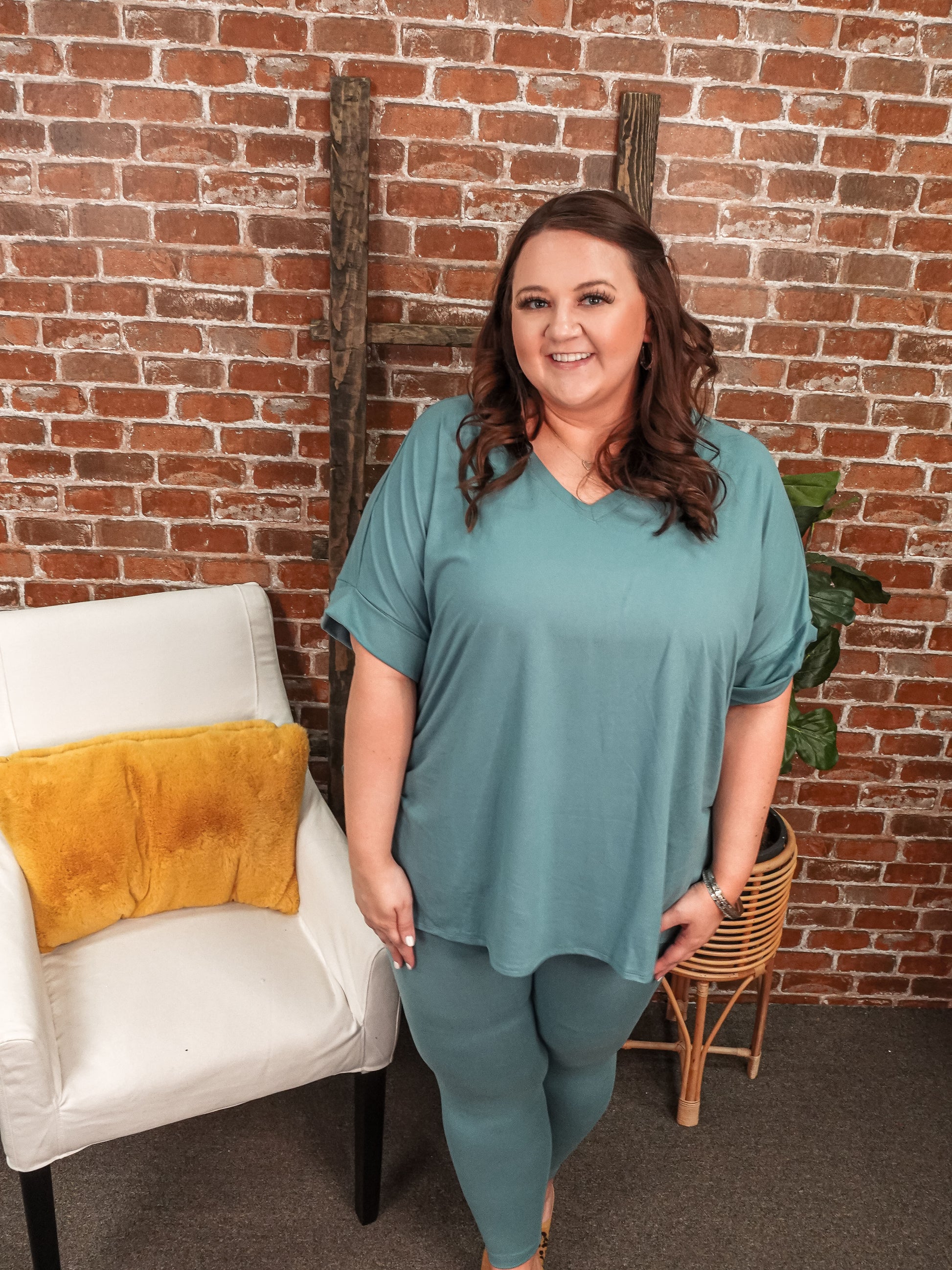 Lounge set in dusty teal color with long pants and short sleeve