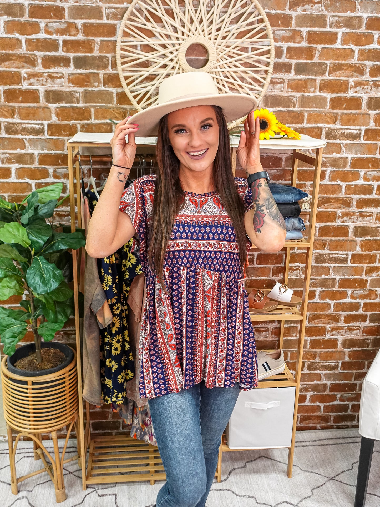 Short sleeve babydoll top with bohemian print. 