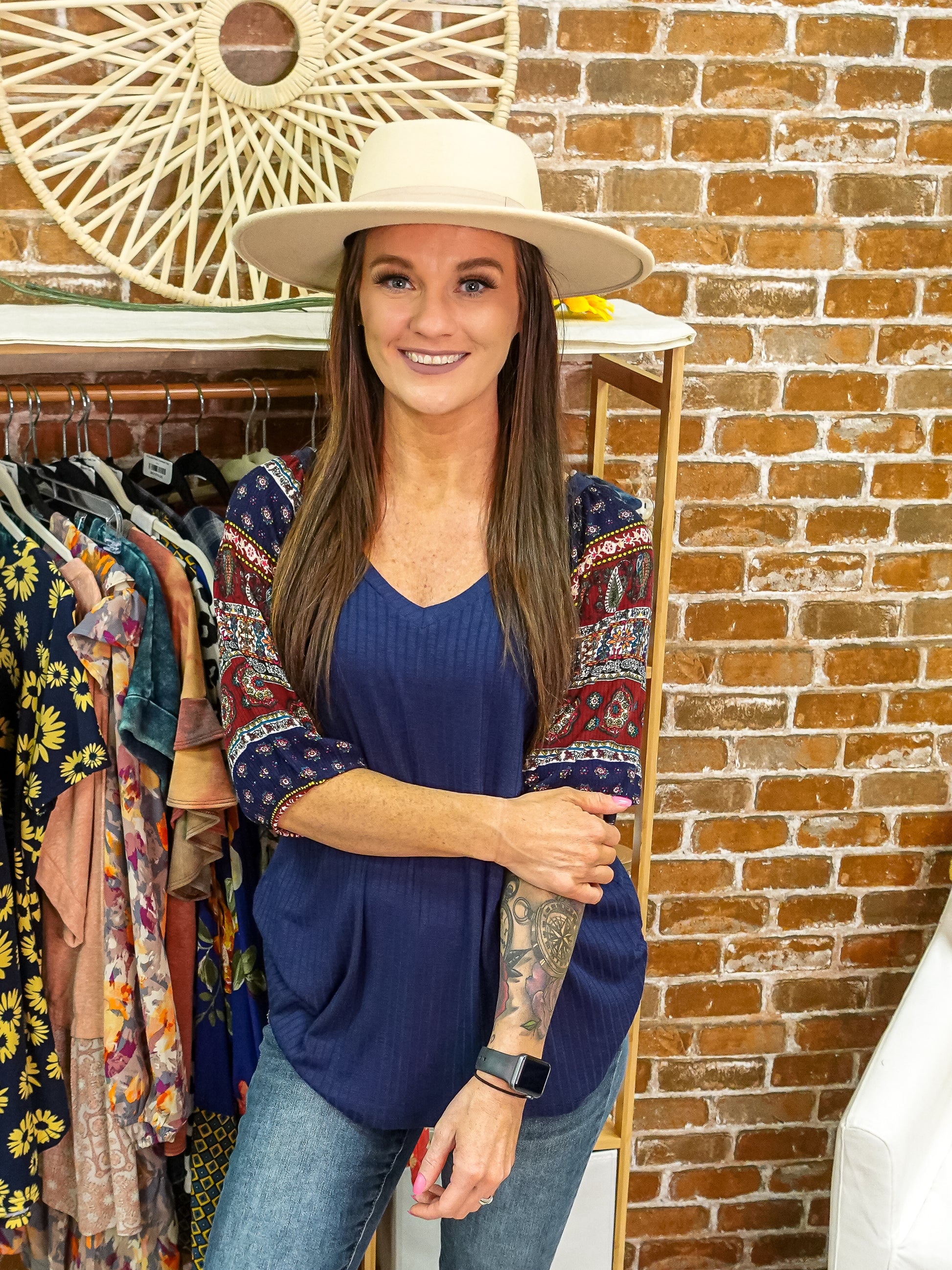 Royal blue ribbed top with paisley patterned top.