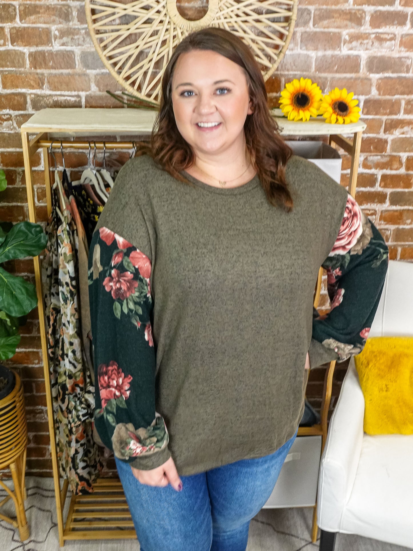 Olive Solid Body with Floral Bubble Sleeves