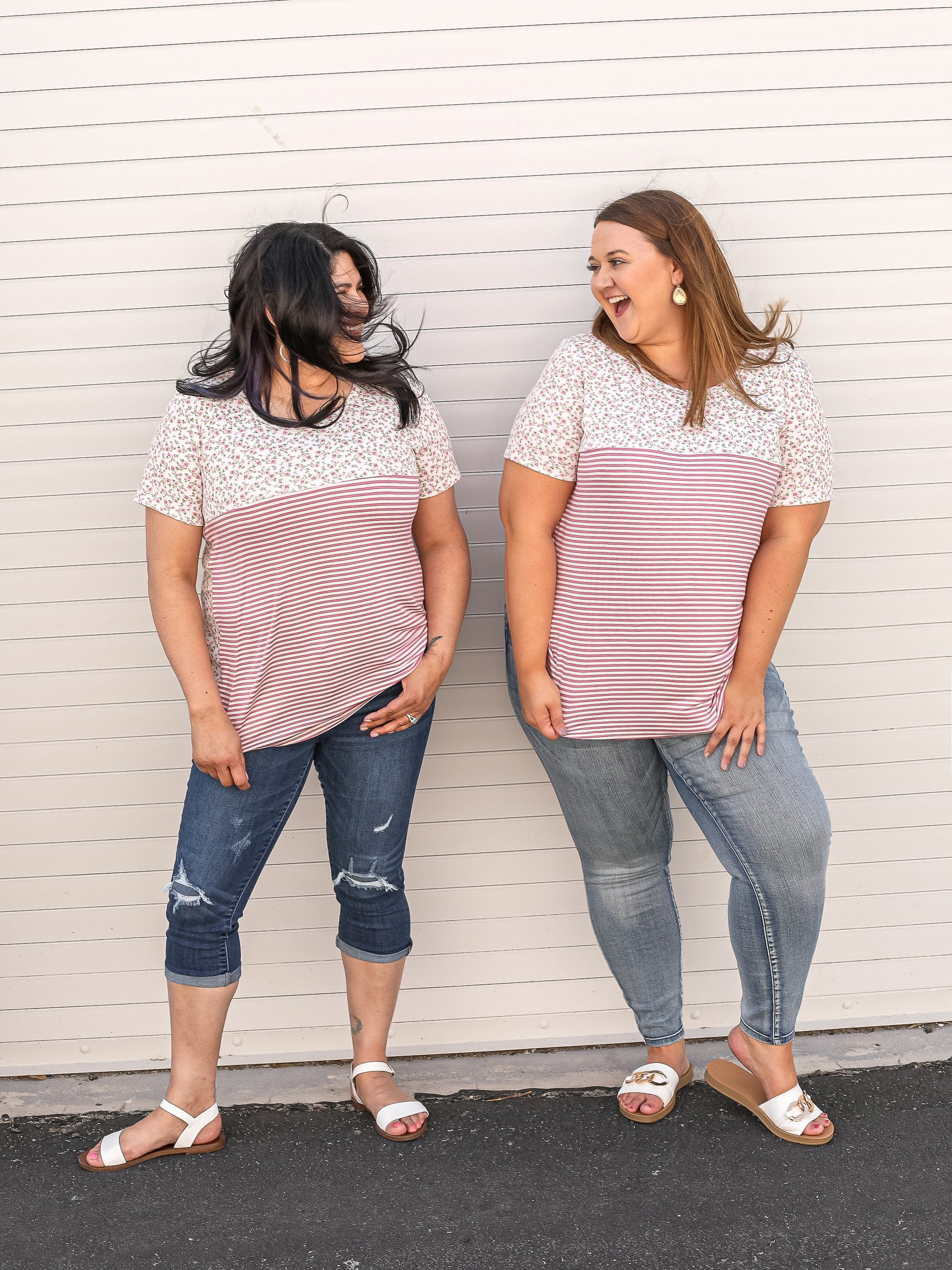 Marlene and Tace twinning in this pink and white stripe top with mini floral print at the neckline, sleeves, and shoulders.
