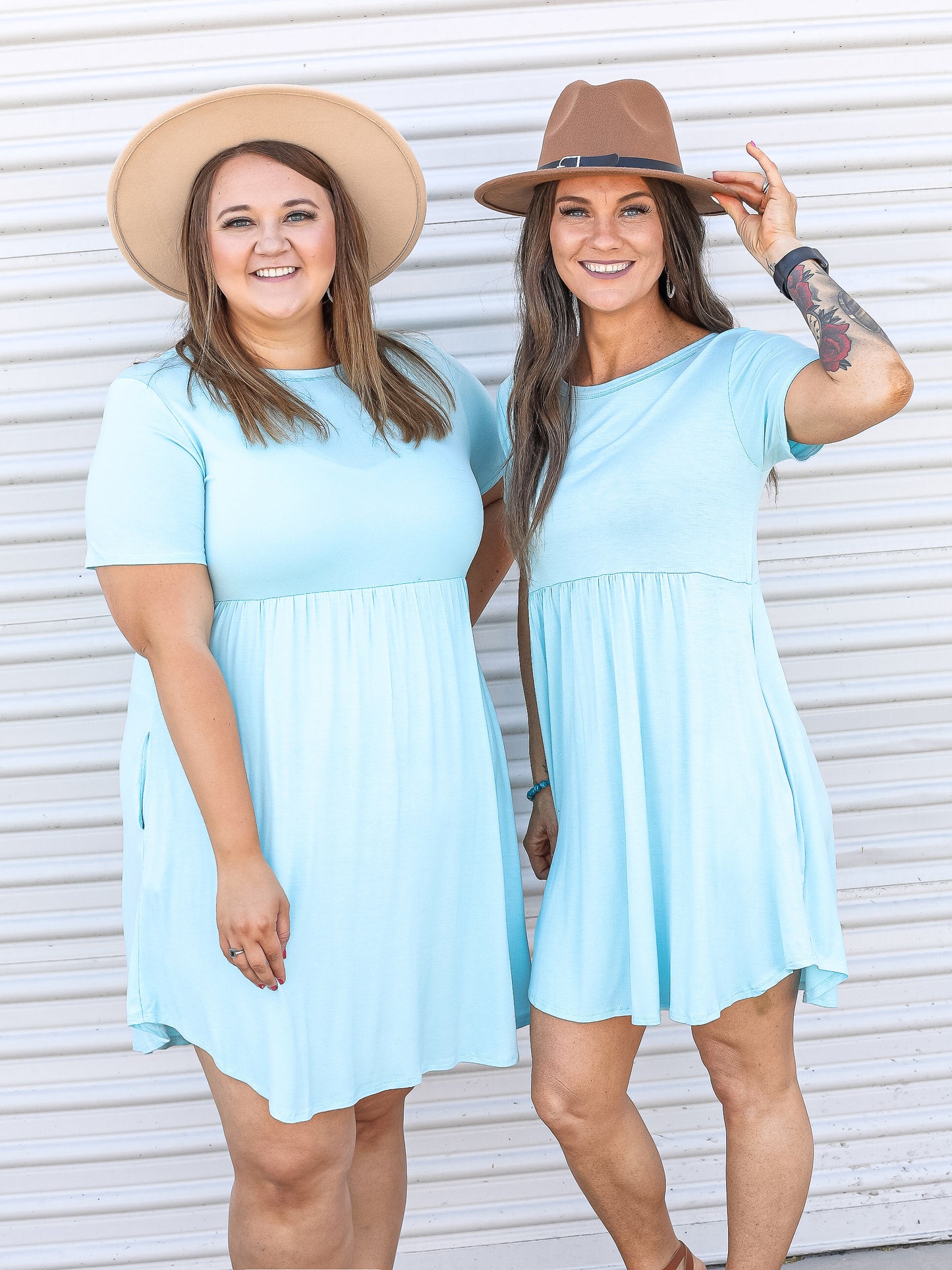 Tiff and Tace in the Tiffany blue short sleeve babydoll dress. 