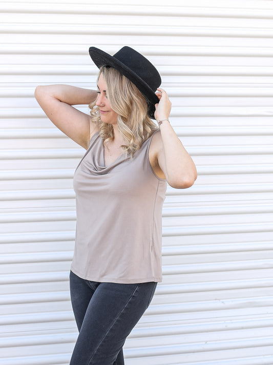 Side angle view of Taupe colored tank 