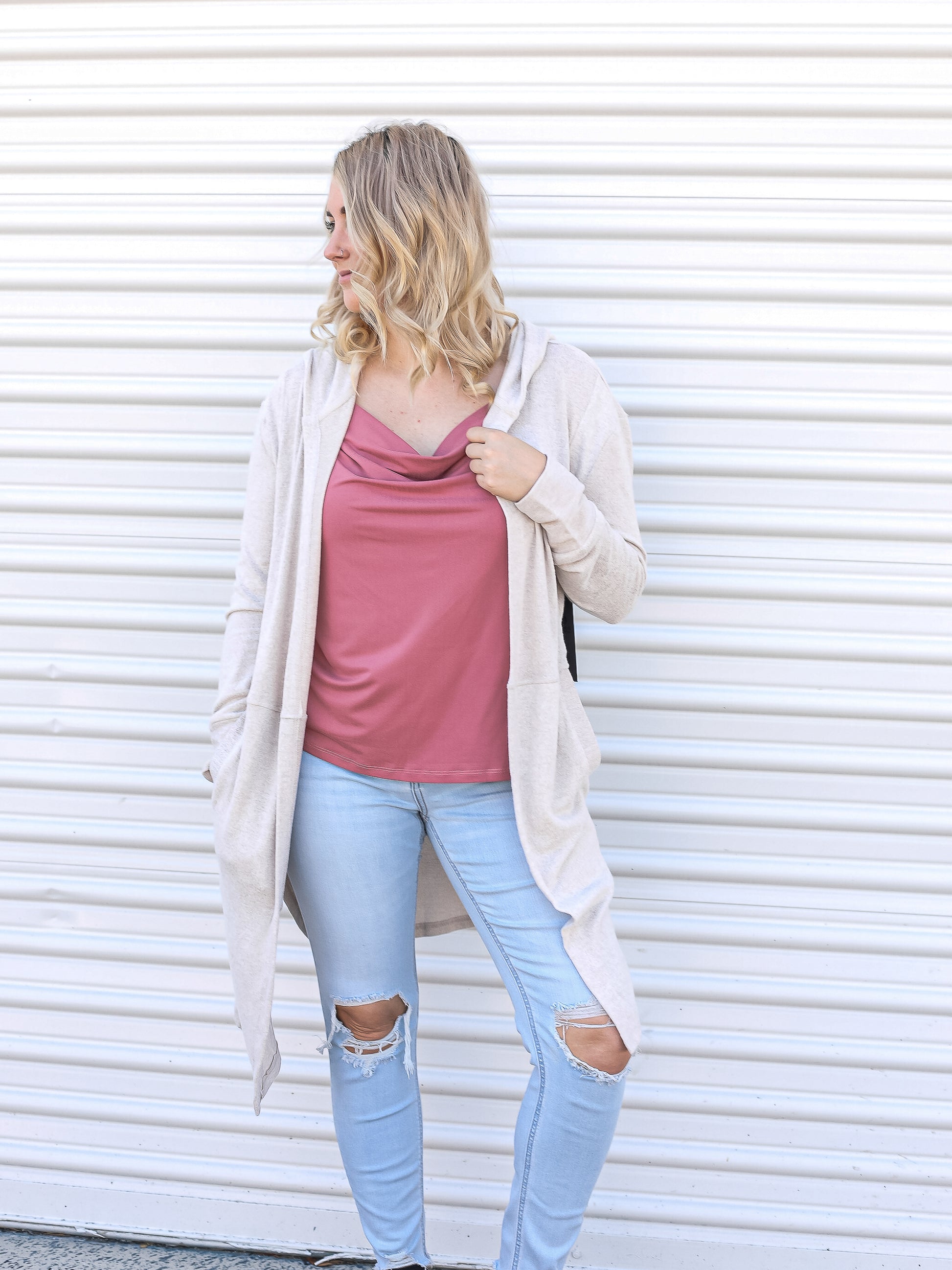 Mauve colored tank with cardigan over top