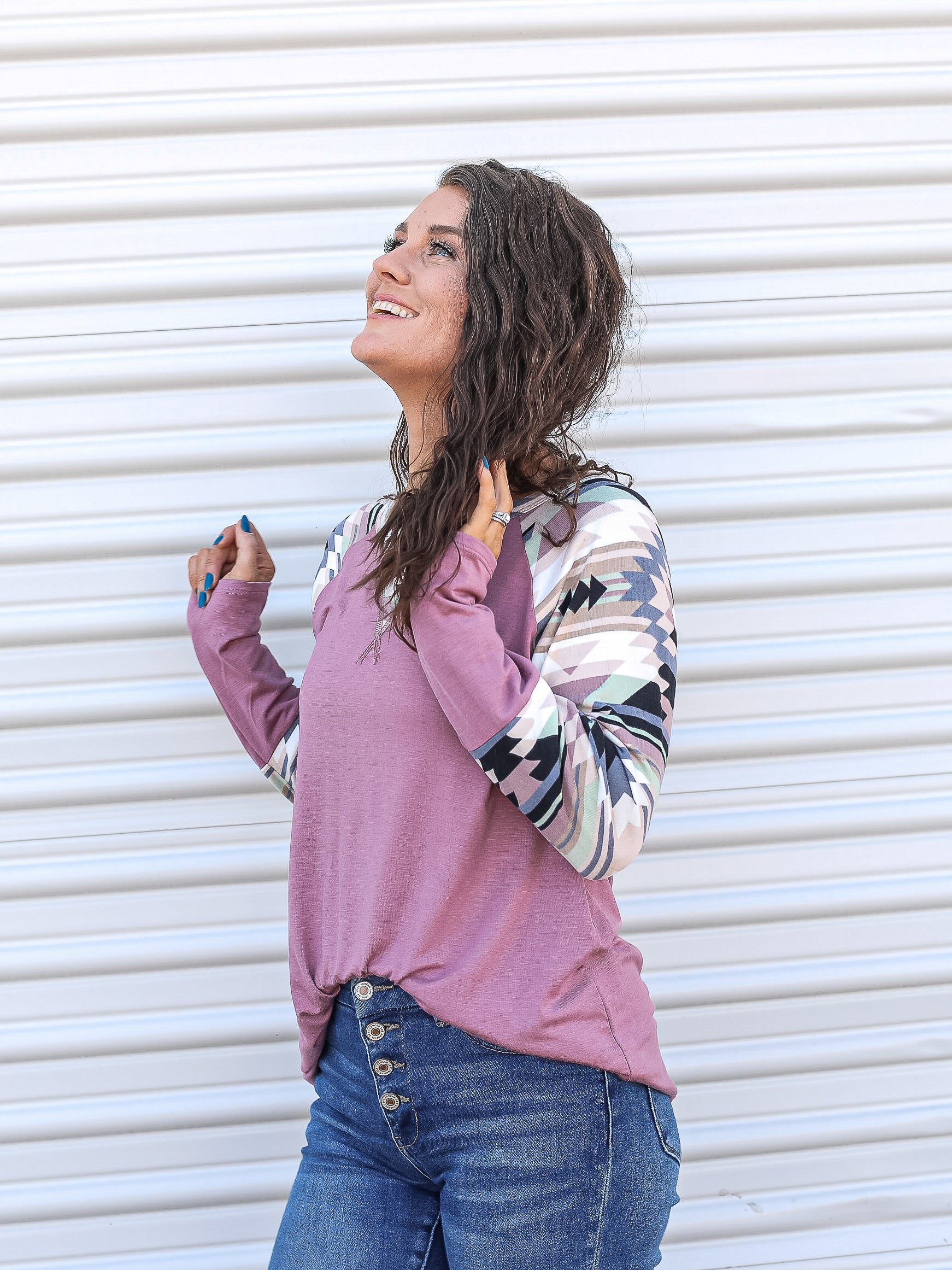 Mauve long sleeve top with aztec print sleeves 
