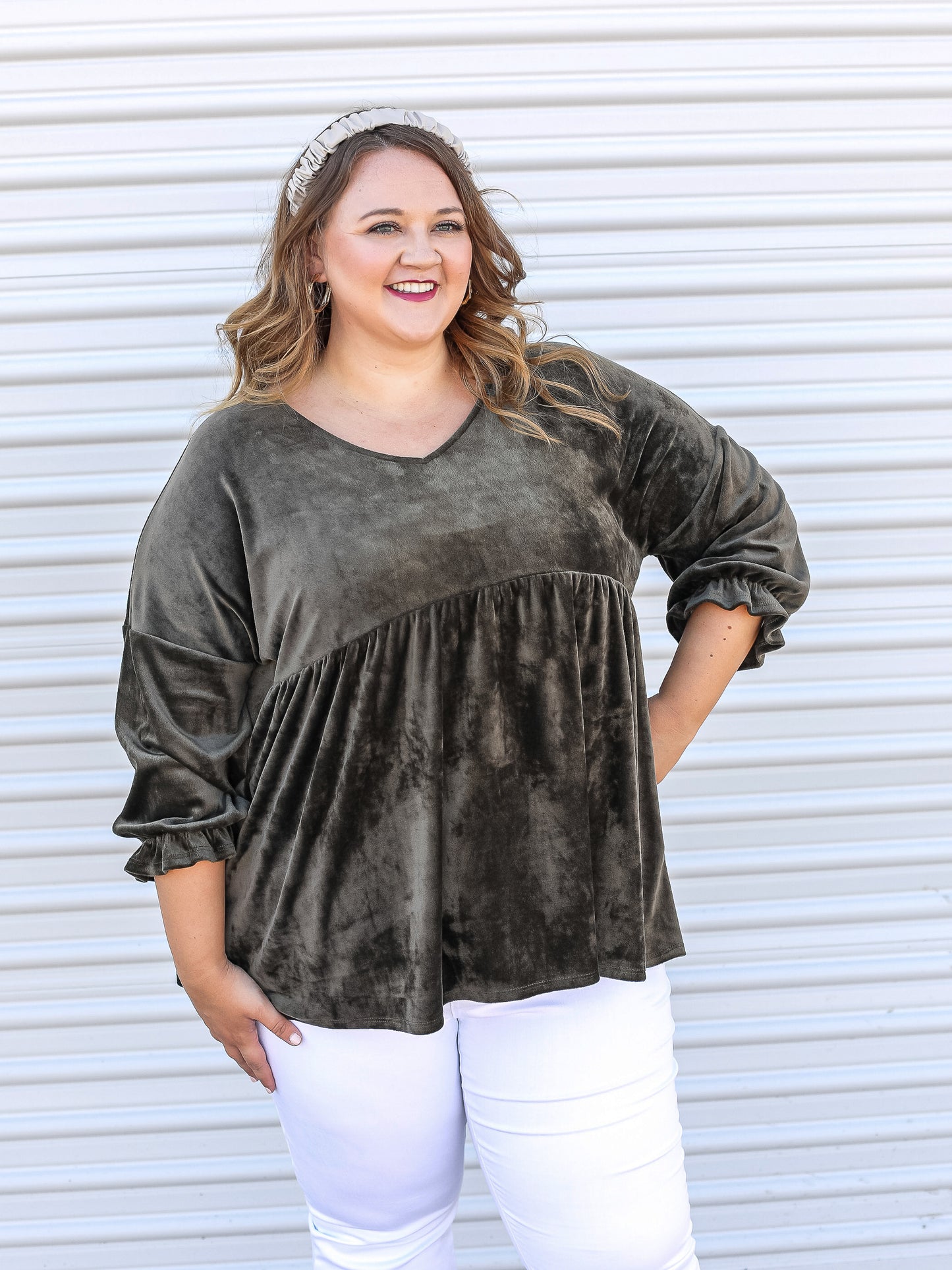 Olive green baby doll top with white denim