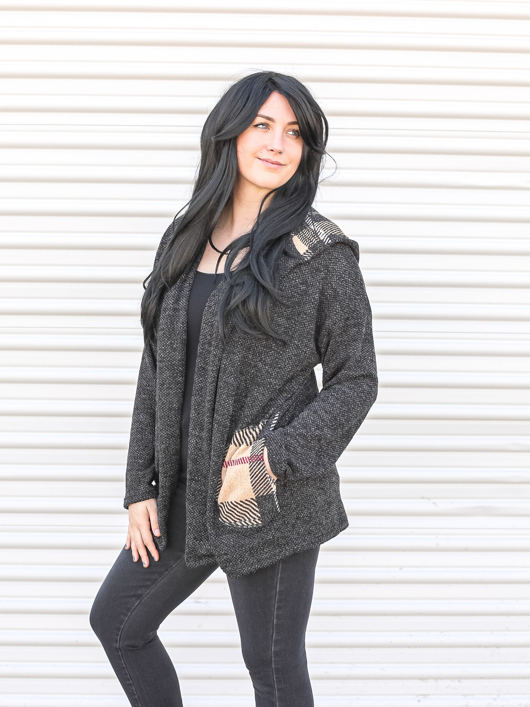 black and plaid cardigan with pockets
