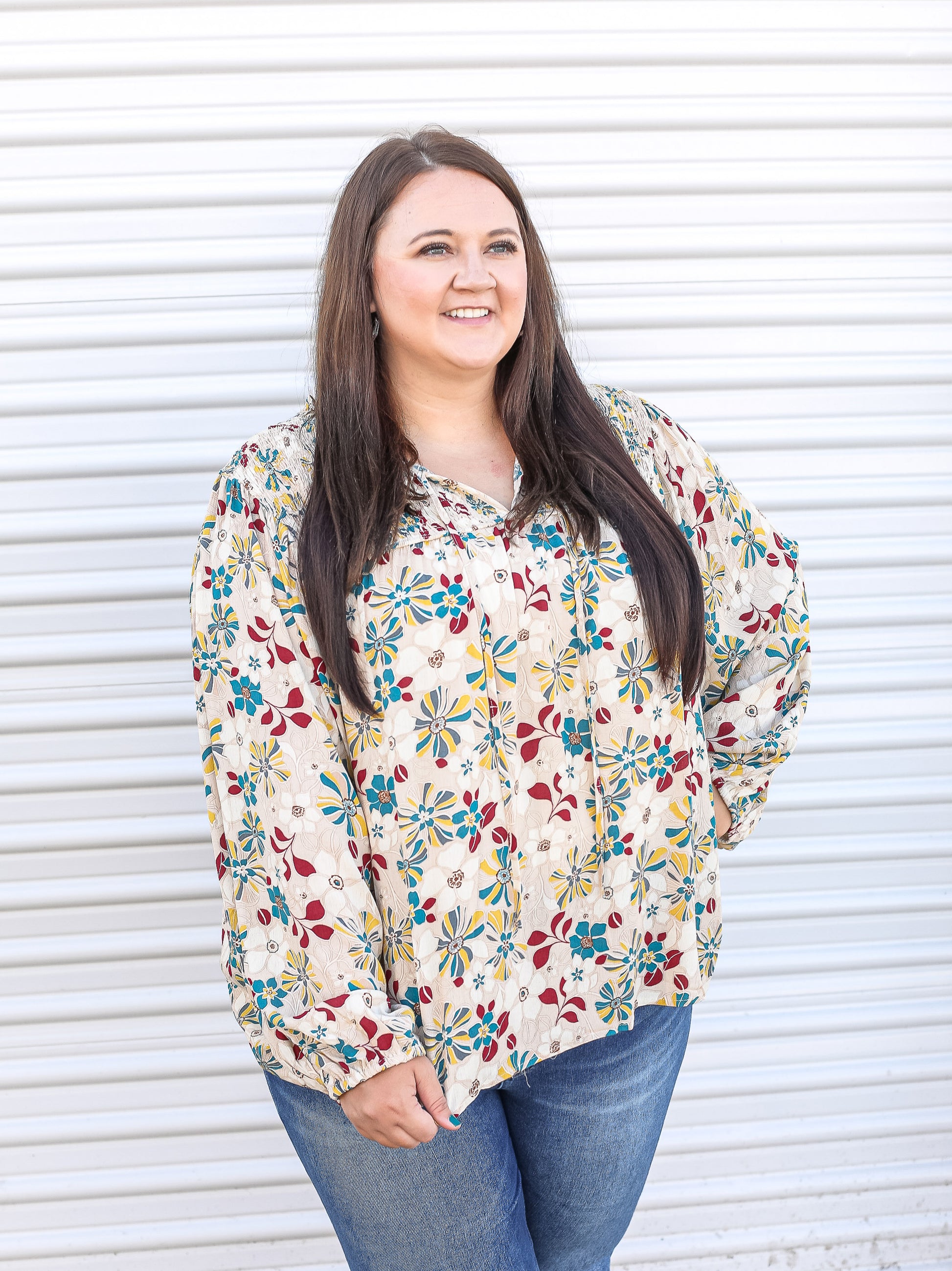 Beautiful floral blouse with key hole neckline