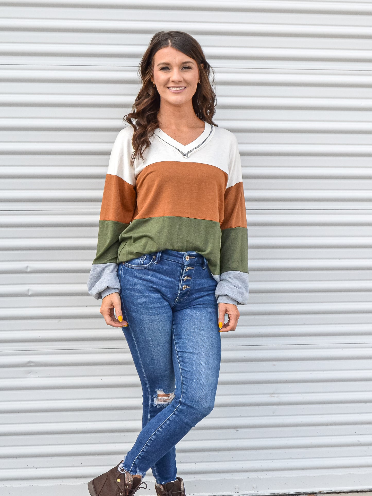 Long sleeve fall colors, colored blocked top