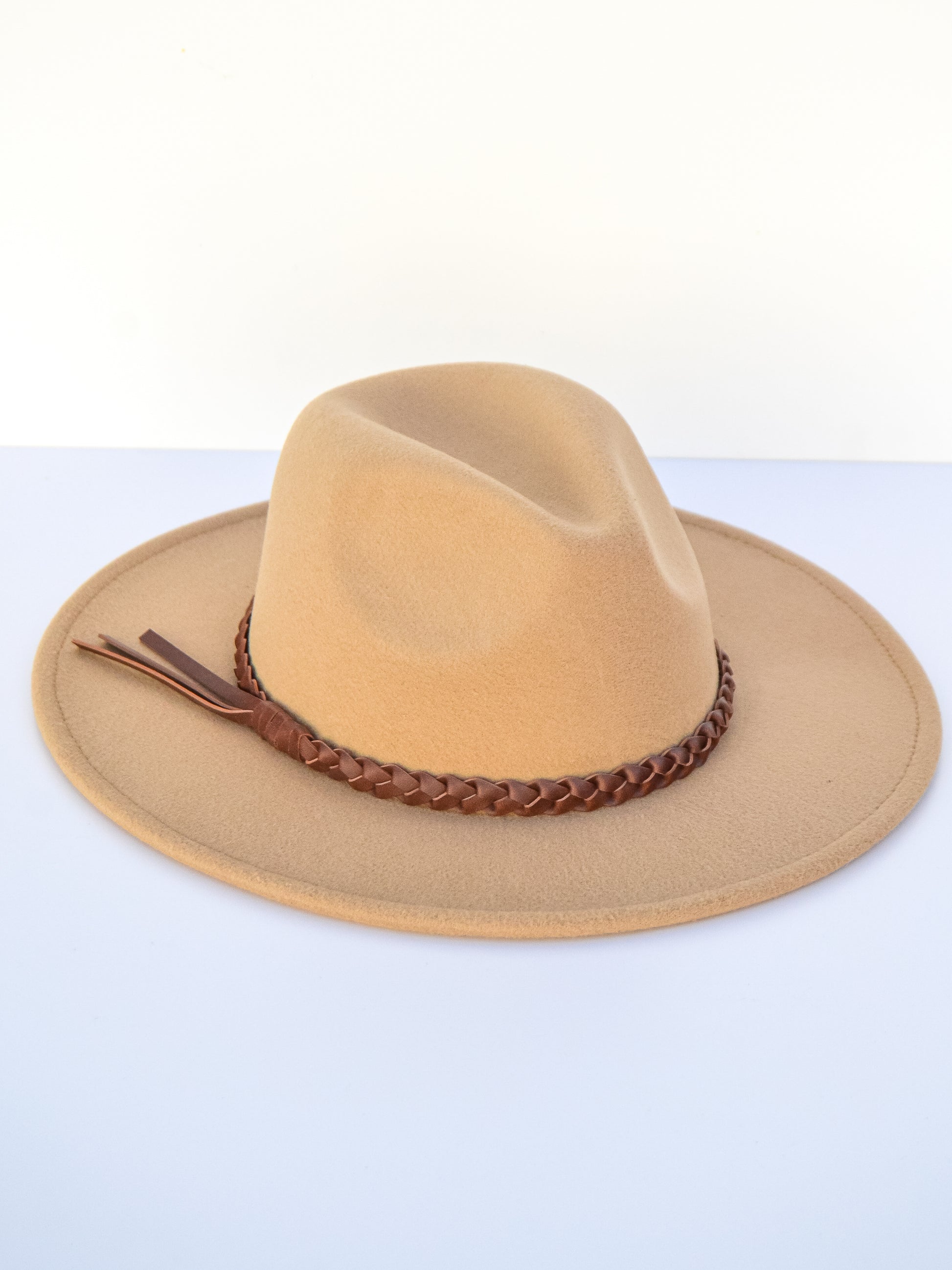 Wide brimmed hat with dark braided leather wrap 