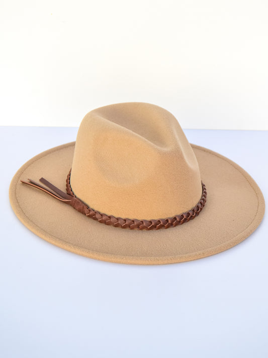 Wide brimmed hat with dark braided leather wrap 
