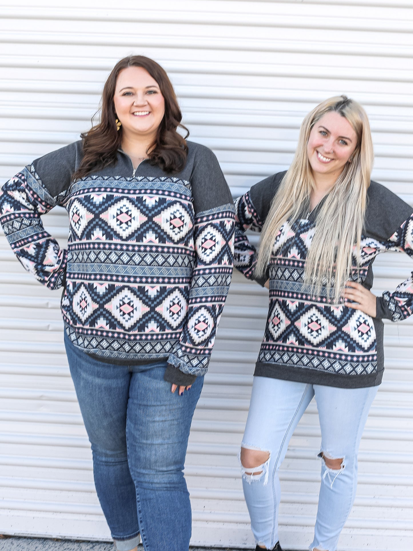 Tacy and Crystal are twinning in this beautiful aztec half zip pull over