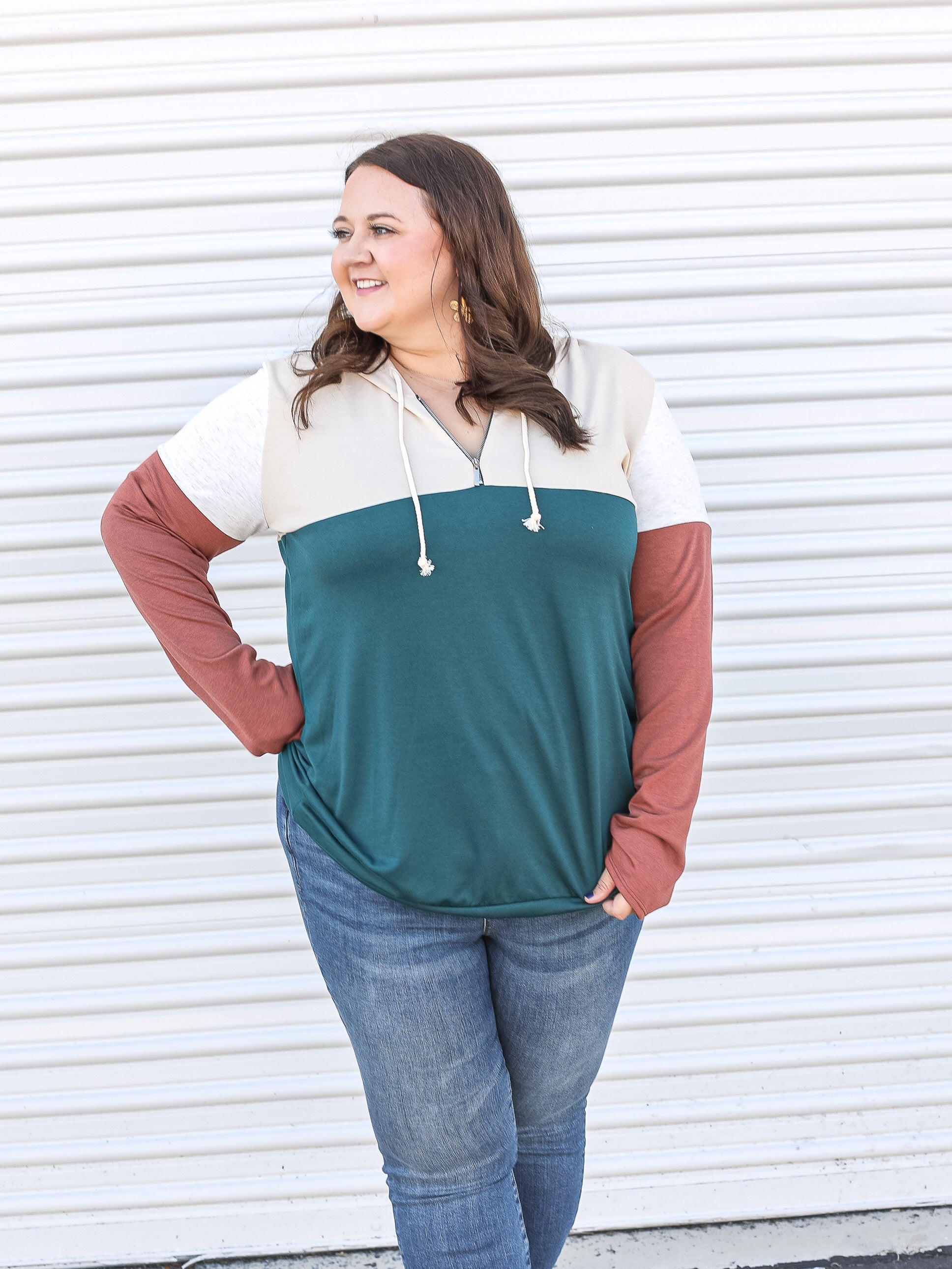 Front view of multi colorblock pull over