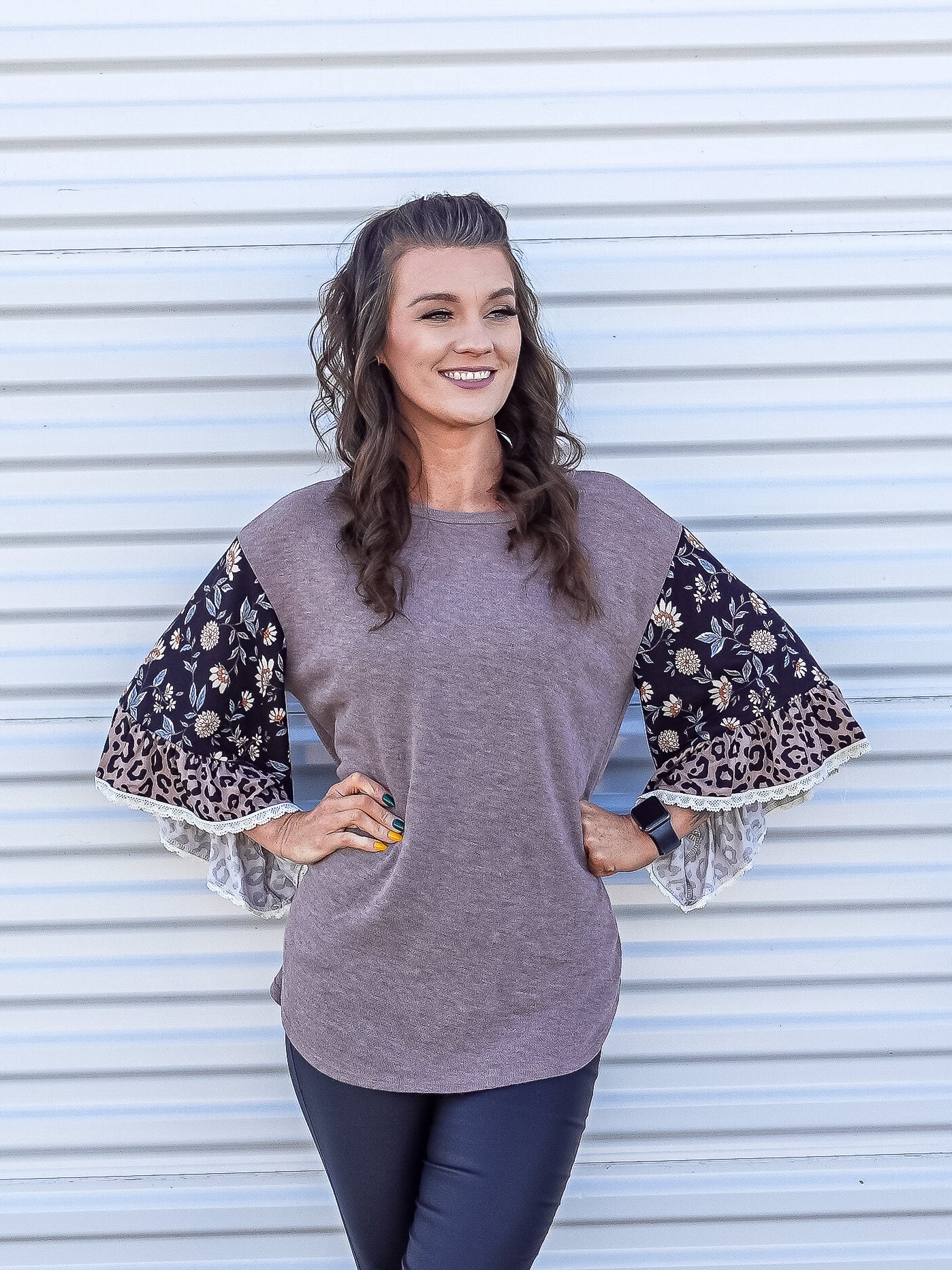 Floral short bell sleeve top sleeve top paired with metallic jeggings