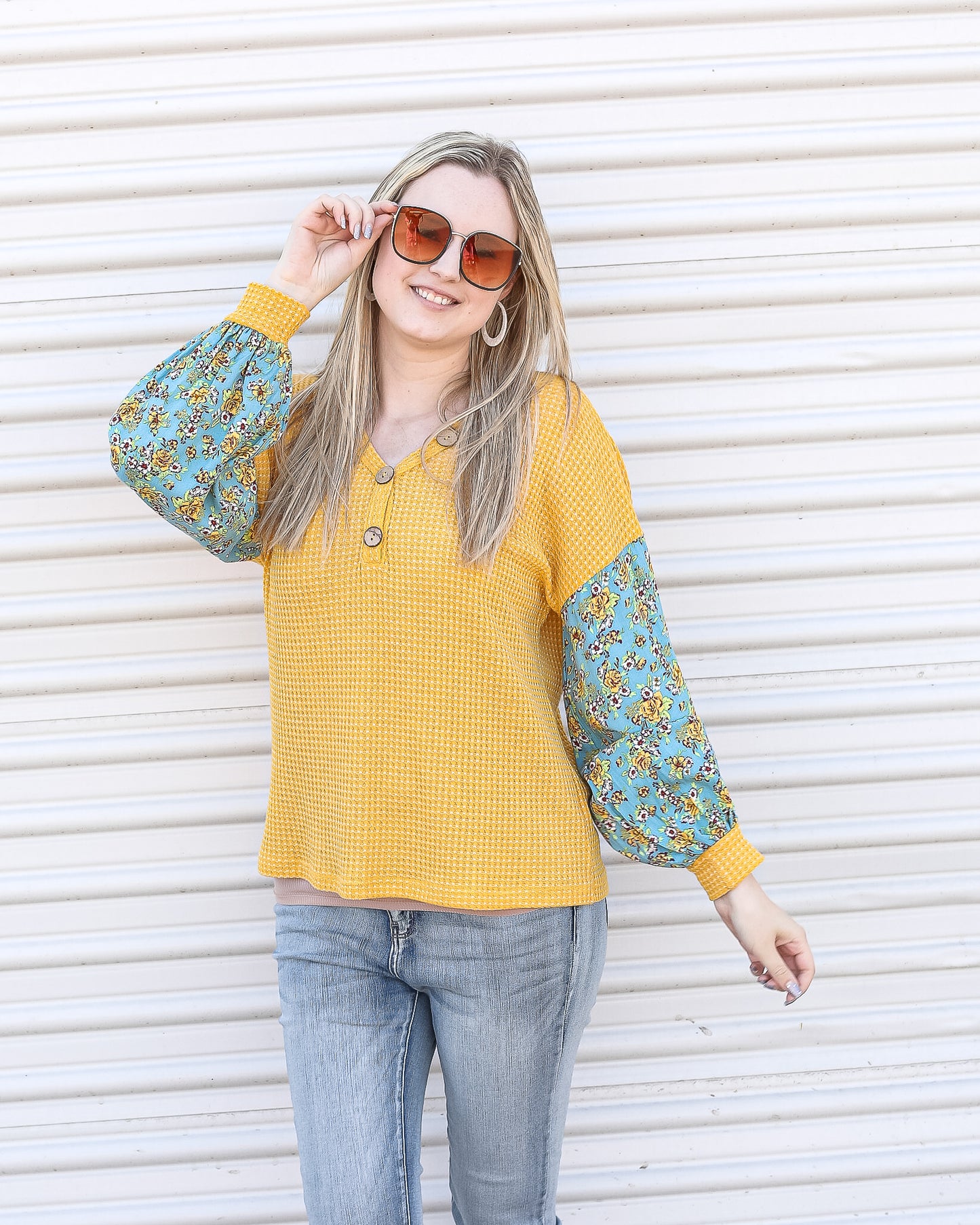 Mustard Waffle Knit Top with Floral Bishop Sleeves