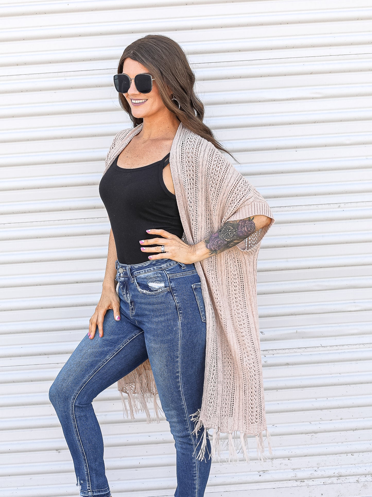 Fringed Open Front Knit Cardigan