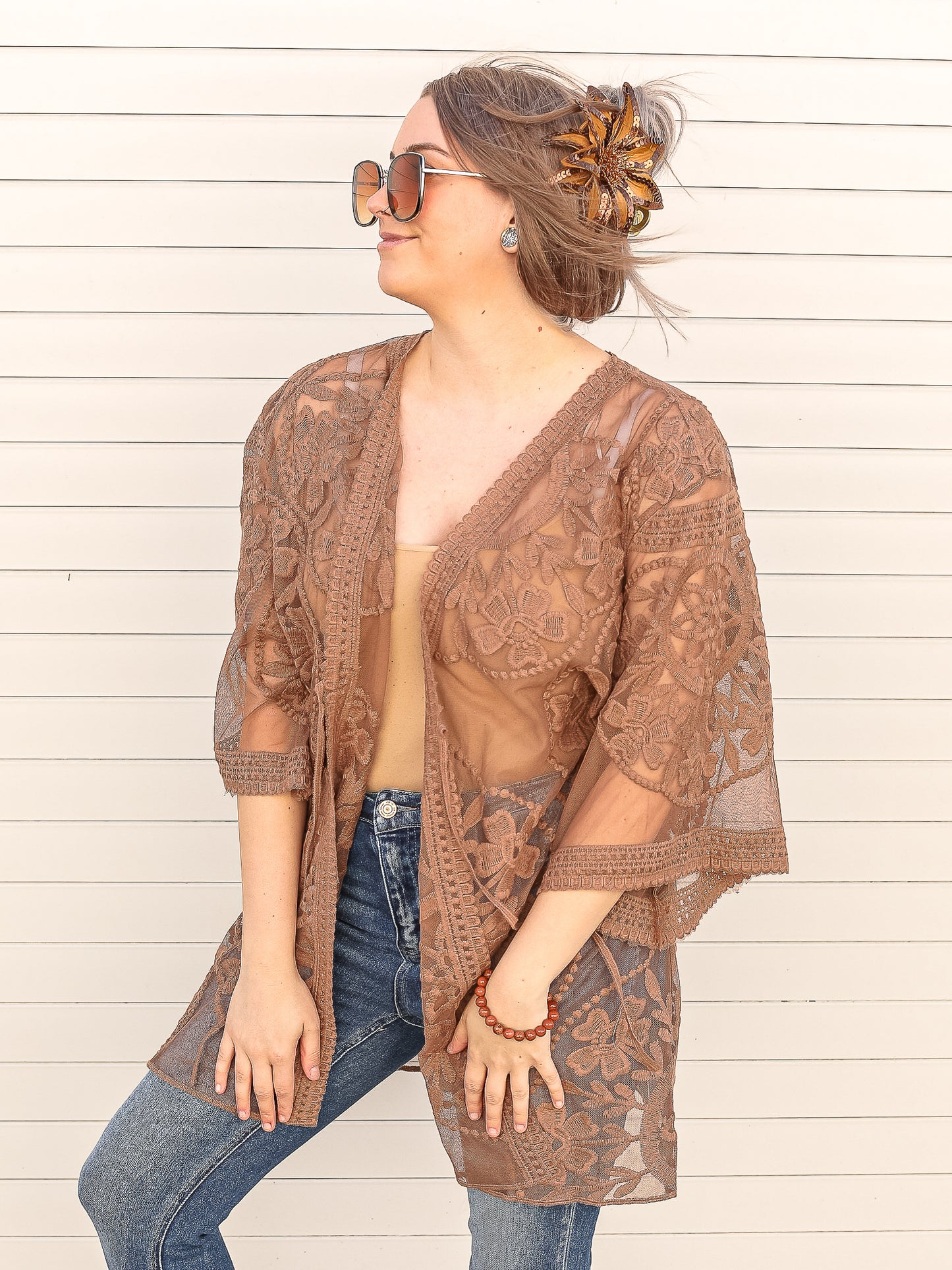 Brown lace kimono open with belle sleeves. 