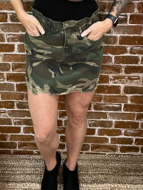 Camouflage Print Distressed Denim Skirt